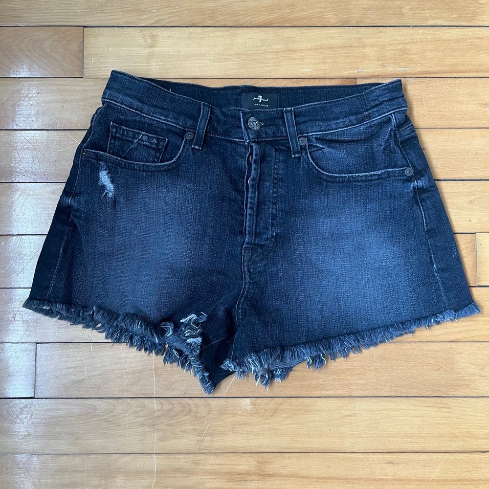 7 For All Mankind Monroe Cutoff Shorts Dark Wash Distressed Raw Hem Size 27